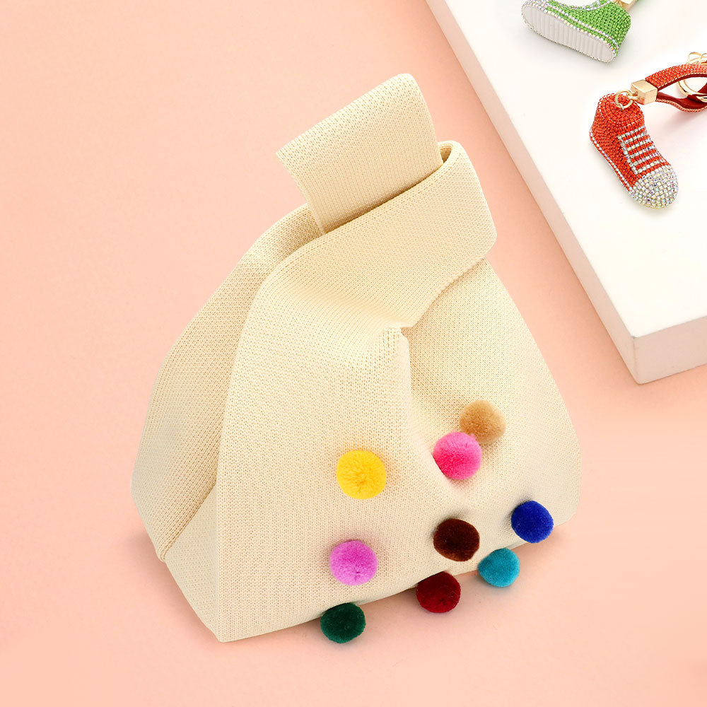 Madeline Love Turquoise Pom Pom Embellished Knit Tote Bag - Bags & Wallets - desc