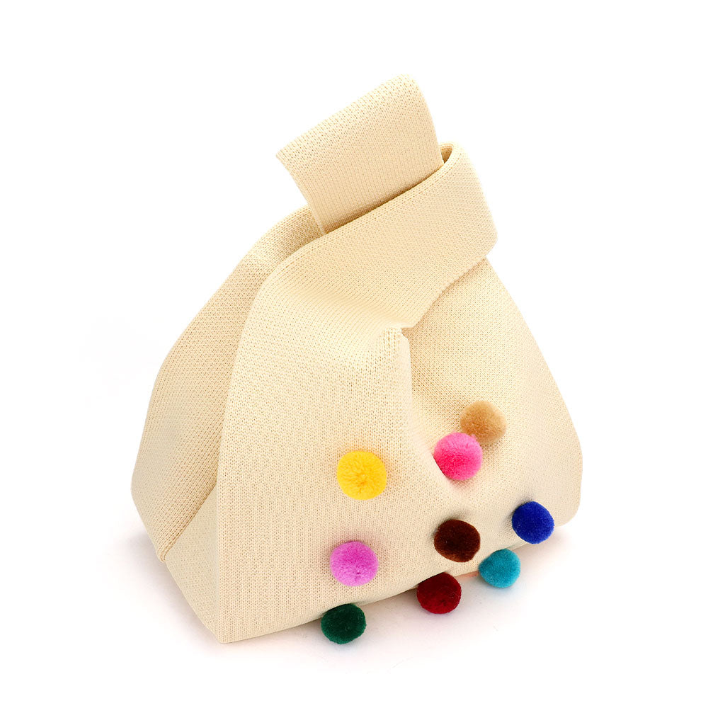 Madeline Love Ivory Pom Pom Embellished Knit Tote Bag - Bags & Wallets - extra