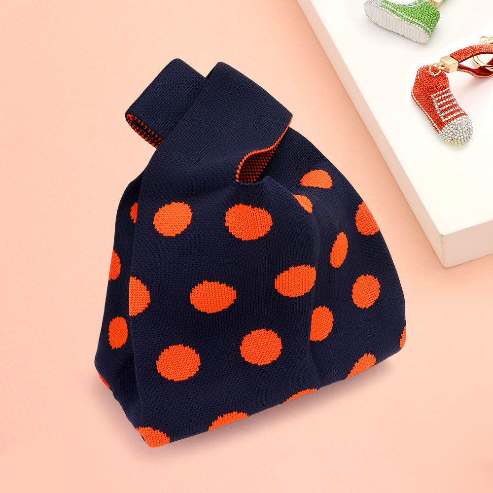 Madeline Love Brown Polka Dot Patterned Knit Tote Bag - Bags & Wallets - desc