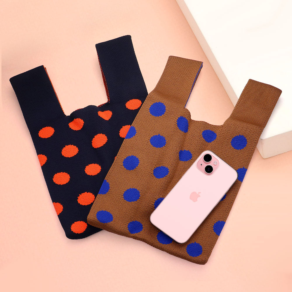 Madeline Love Brown Polka Dot Patterned Knit Tote Bag - Bags & Wallets - extra