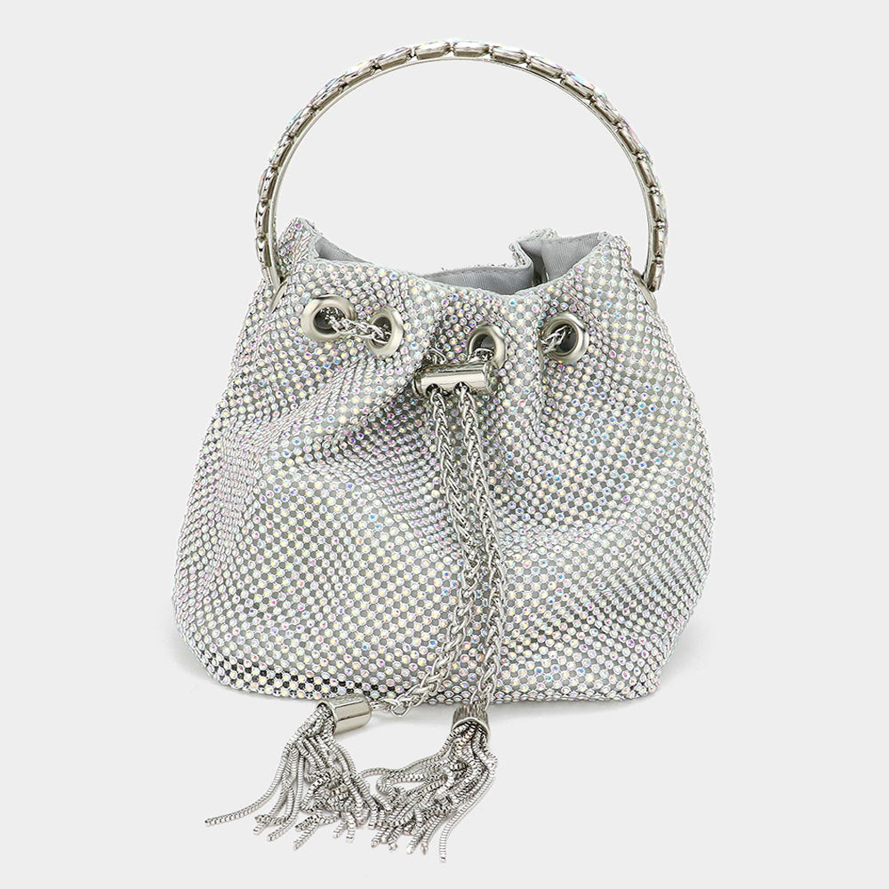 Madeline Love AB Bling Rhinestone Mesh Metal Draw String with Glass Stone Embellished Top Handle Bucket Bag / Crossbody Bag - Bags & Wallets