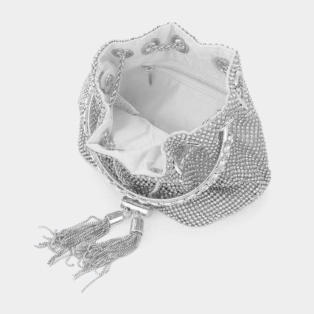 Madeline Love AB Bling Rhinestone Mesh Metal Draw String with Glass Stone Embellished Top Handle Bucket Bag / Crossbody Bag - Bags & Wallets - extra