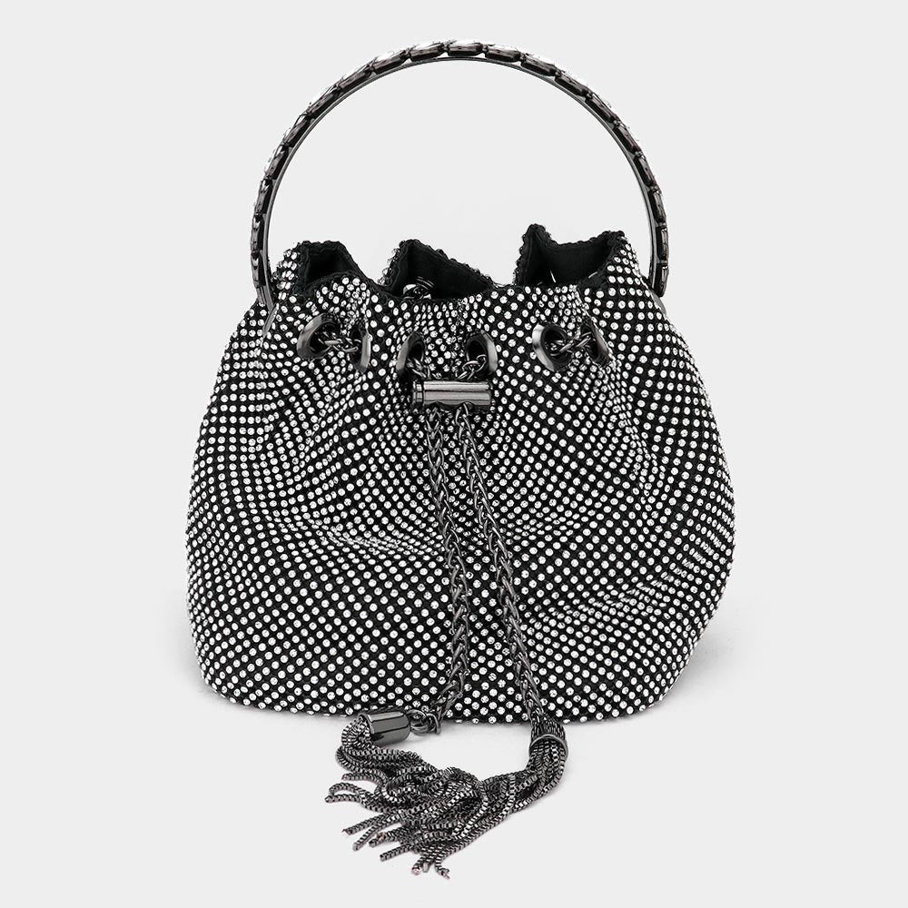 Madeline Love Black Bling Rhinestone Mesh Metal Draw String with Glass Stone Embellished Top Handle Bucket Bag / Crossbody Bag - Bags & Wallets