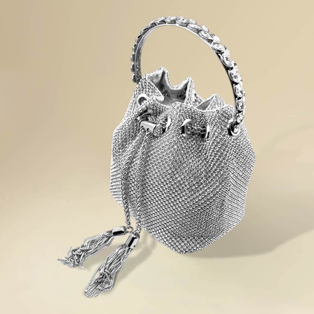 Madeline Love Clear Bling Rhinestone Mesh Metal Draw String with Glass Stone Embellished Top Handle Bucket Bag / Crossbody Bag - Bags & Wallets