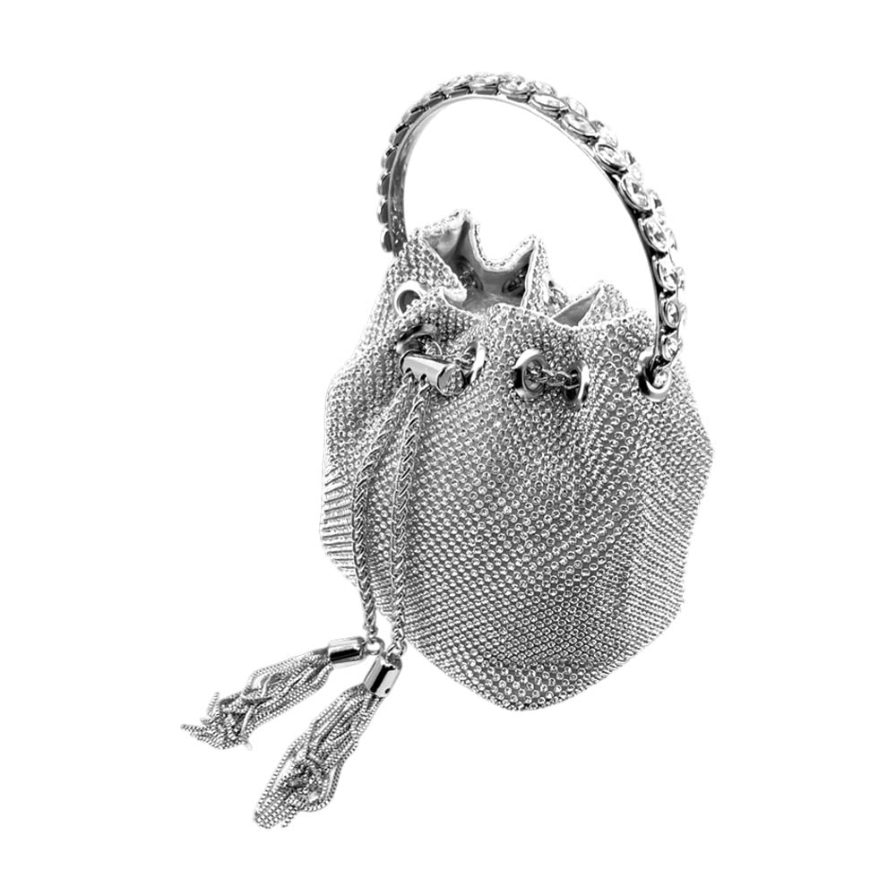 Madeline Love Clear Bling Rhinestone Mesh Metal Draw String with Glass Stone Embellished Top Handle Bucket Bag / Crossbody Bag - Bags & Wallets - desc