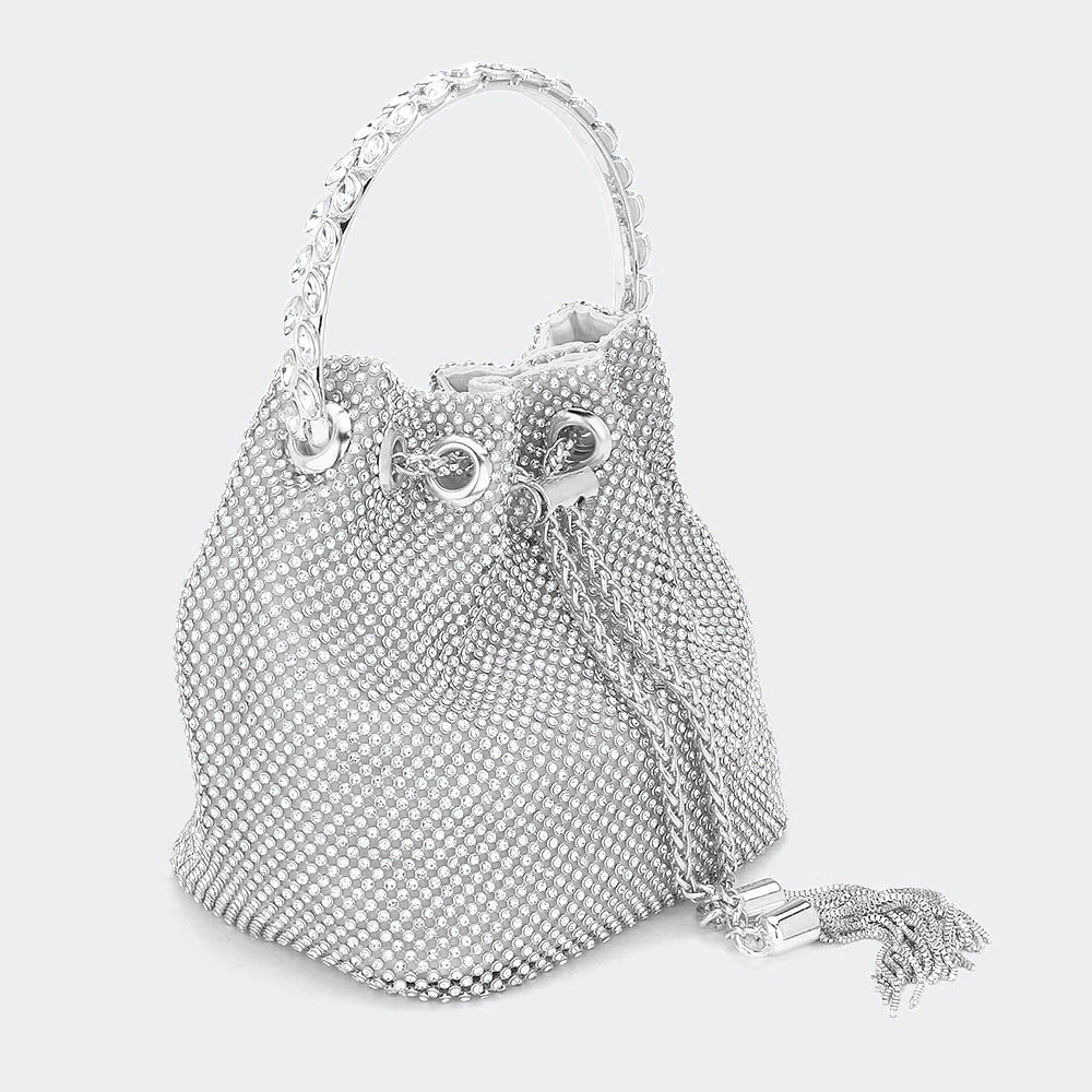 Madeline Love Clear Bling Rhinestone Mesh Metal Draw String with Glass Stone Embellished Top Handle Bucket Bag / Crossbody Bag - Bags & Wallets - extra