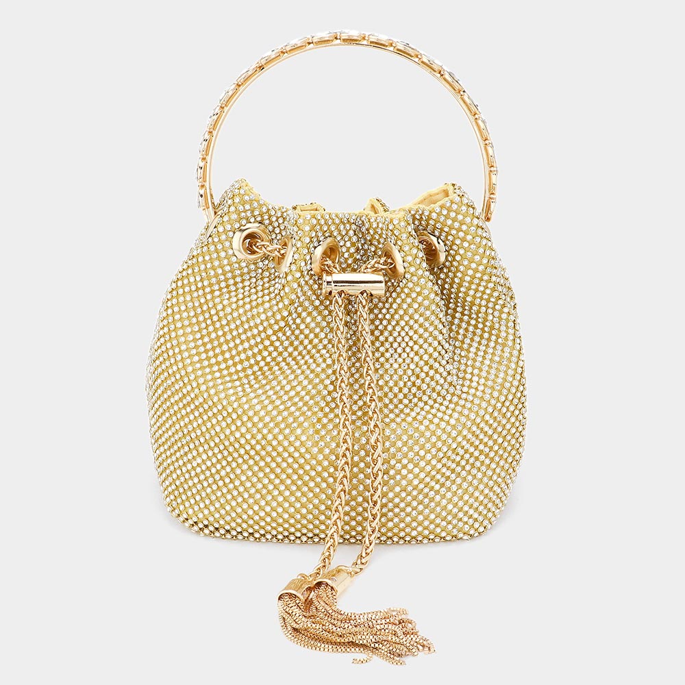Madeline Love Gold Bling Rhinestone Mesh Metal Draw String with Glass Stone Embellished Top Handle Bucket Bag / Crossbody Bag - Bags & Wallets