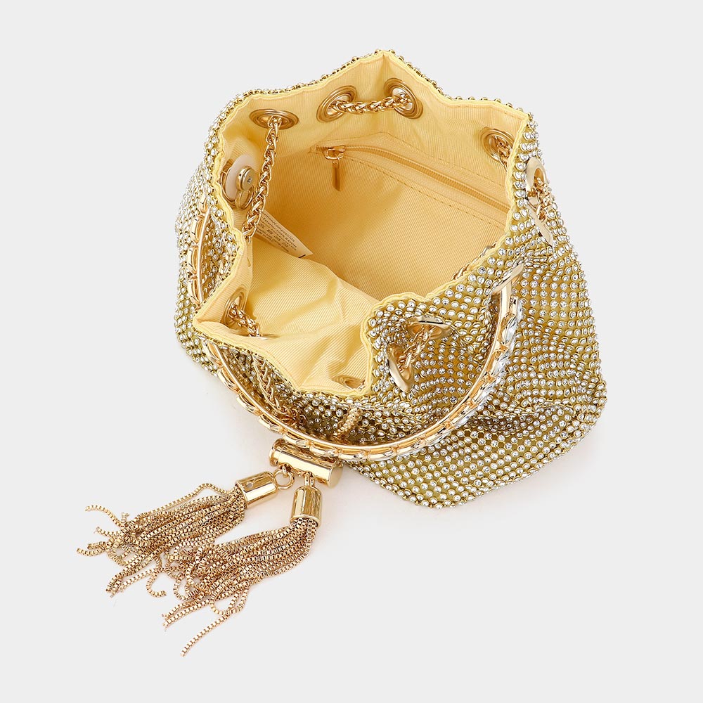 Madeline Love Gold Bling Rhinestone Mesh Metal Draw String with Glass Stone Embellished Top Handle Bucket Bag / Crossbody Bag - Bags & Wallets - extra