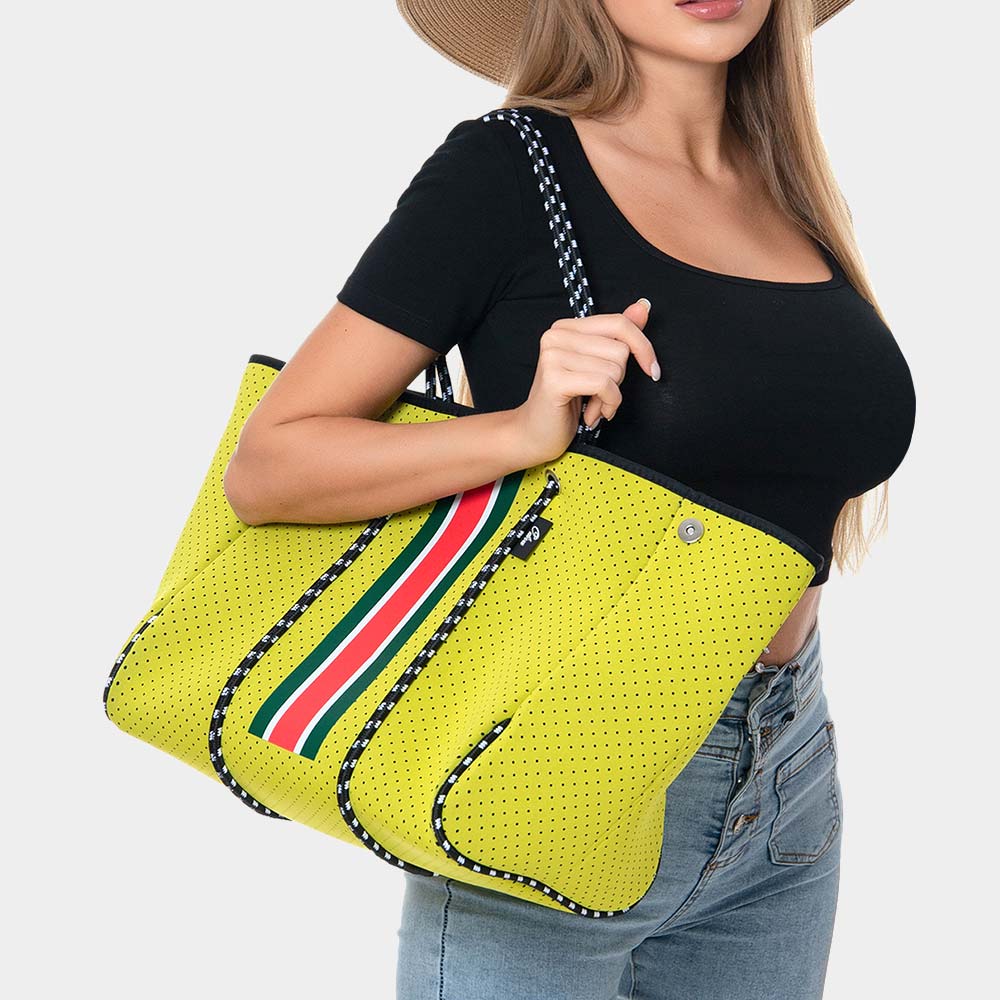 Madeline Love Mustard 2PCS - Color Block Accented Solid Beach Tote Bag and Mini Pouch Bag Set - Bags & Wallets