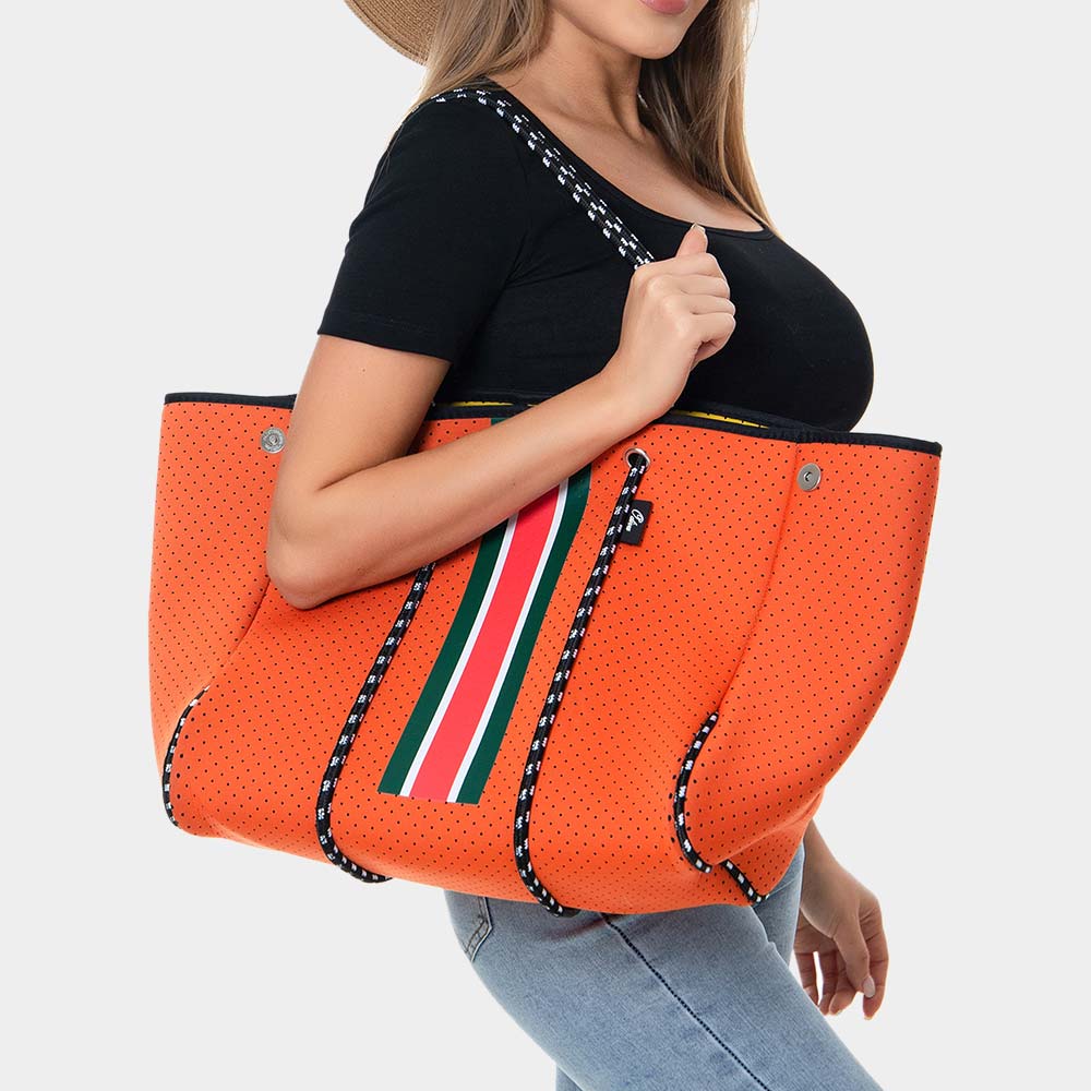 Madeline Love Orange 2PCS - Color Block Accented Solid Beach Tote Bag and Mini Pouch Bag Set - Bags & Wallets