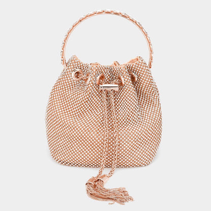 Madeline Love Rose Gold Bling Rhinestone Mesh Metal Draw String with Glass Stone Embellished Top Handle Bucket Bag / Crossbody Bag - Bags & Wallets