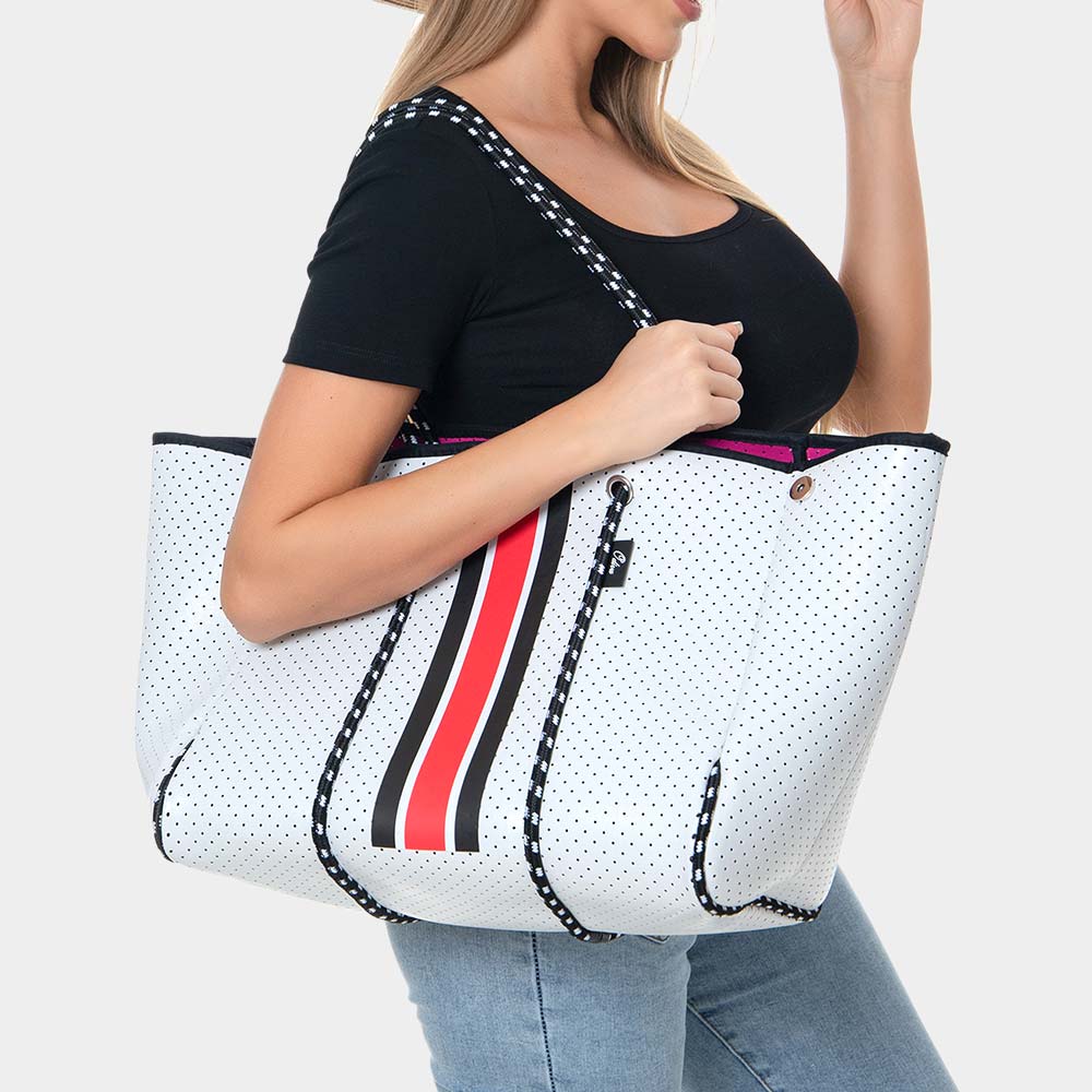 Madeline Love White 2PCS - Color Block Accented Solid Beach Tote Bag and Mini Pouch Bag Set - Bags & Wallets
