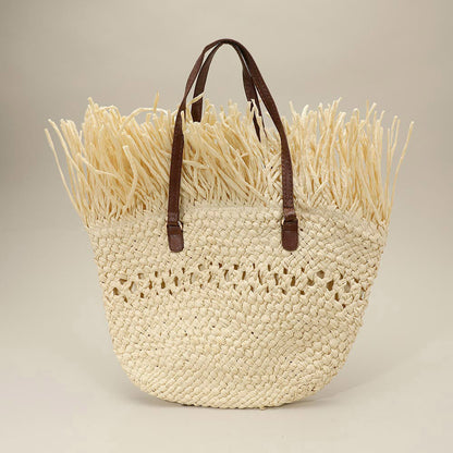 Madeline Love Ivory Woven Raffia Fringe Handbag / Tote Bag - Bags & Wallets