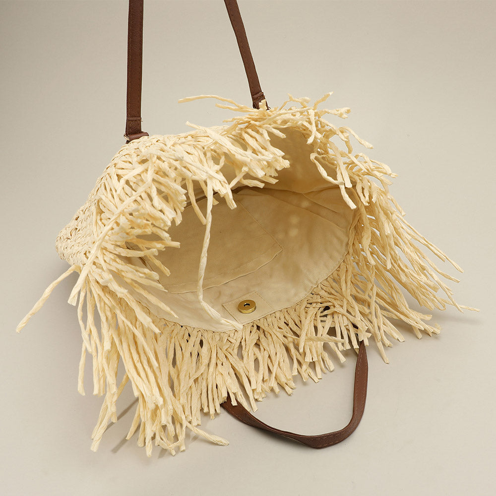 Madeline Love Ivory Woven Raffia Fringe Handbag / Tote Bag - Bags & Wallets - desc