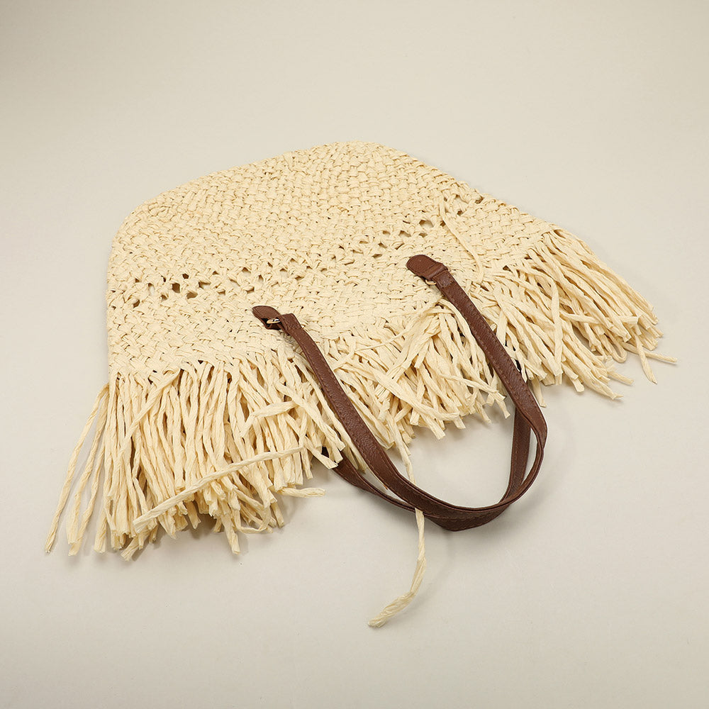 Madeline Love Ivory Woven Raffia Fringe Handbag / Tote Bag - Bags & Wallets - extra