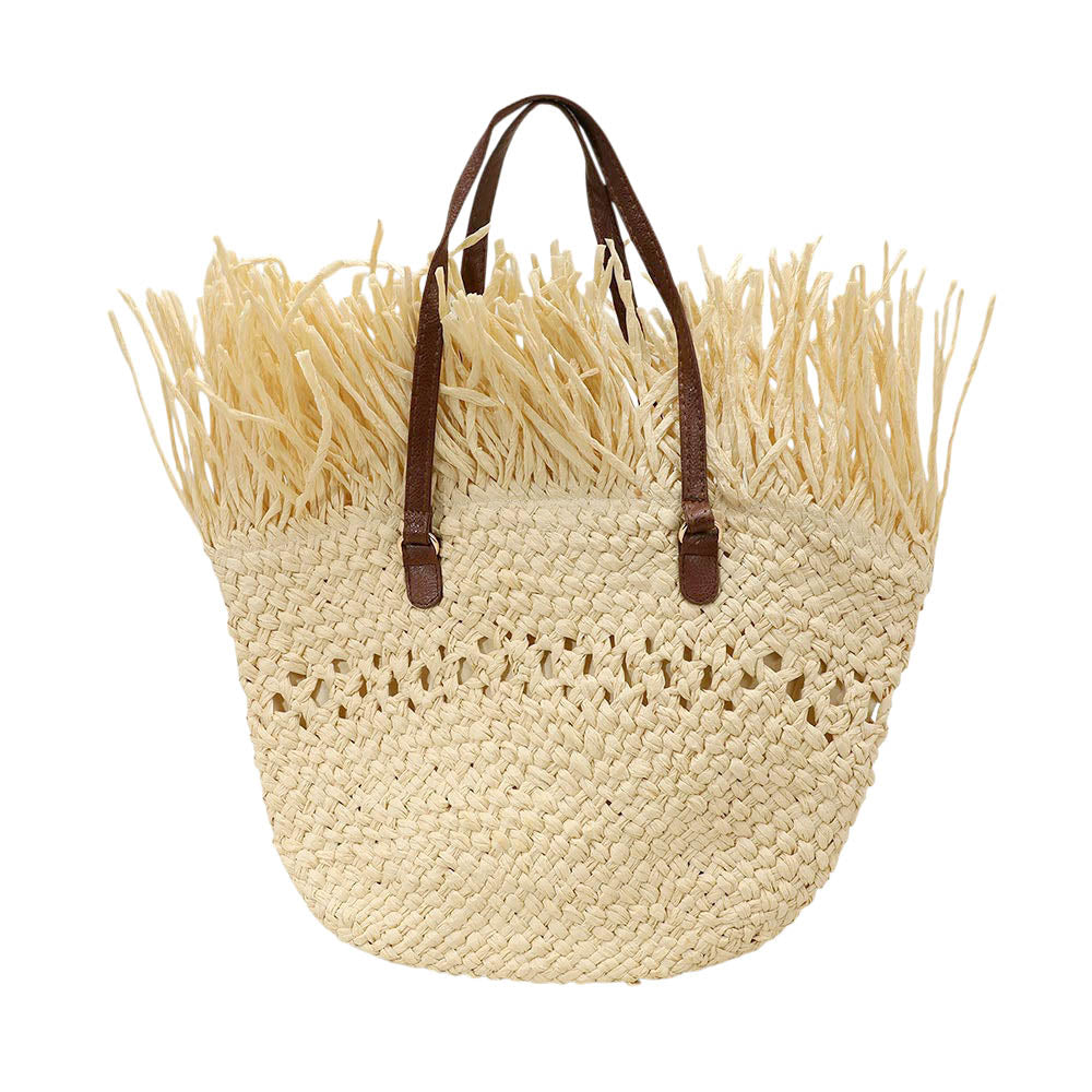 Madeline Love Ivory Woven Raffia Fringe Handbag / Tote Bag - Bags & Wallets - extra