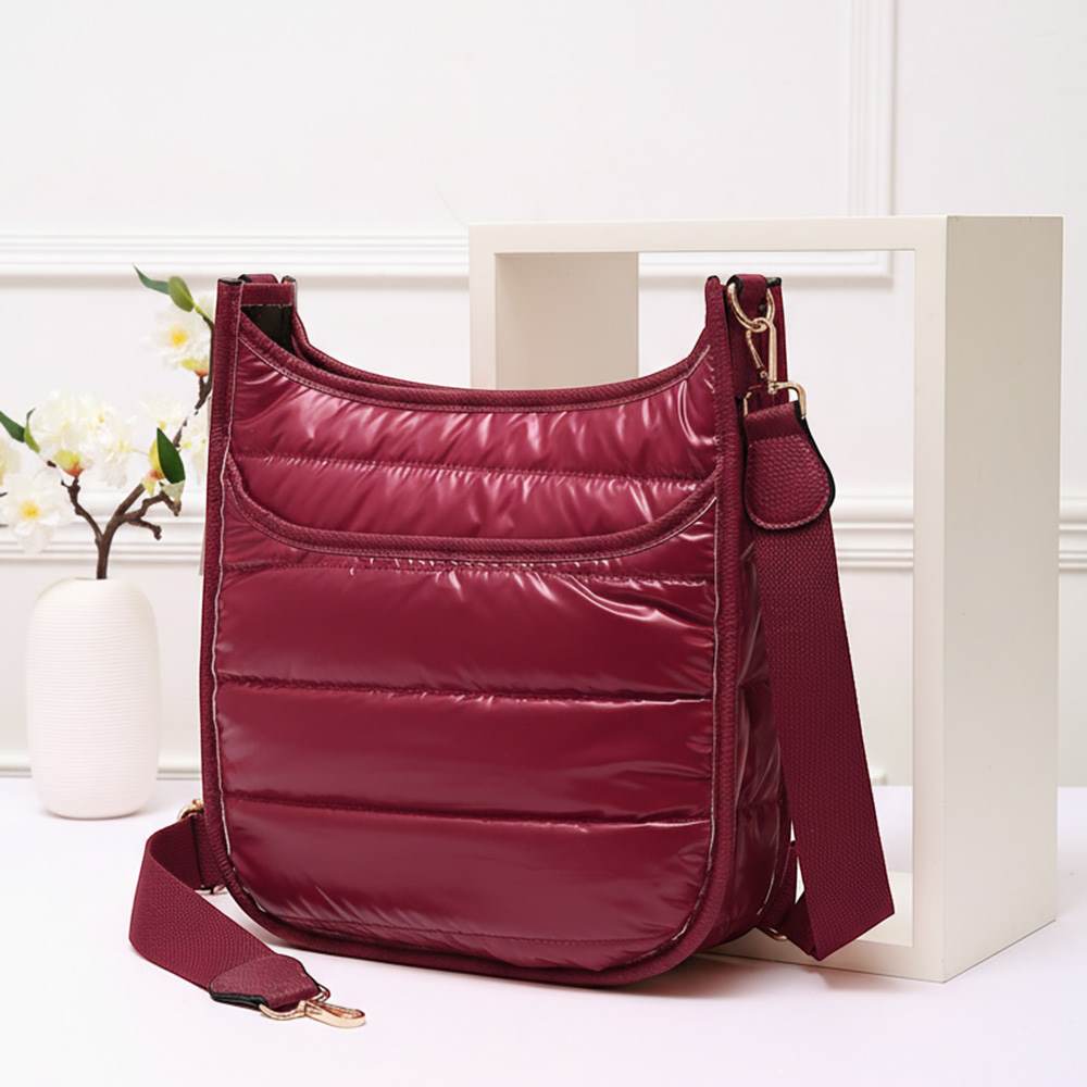 BURGUNDY_Solid Quilted Shiny Puffer Crossbody Bag, Complete the look of any outfit on all occasions with this Shiny Puffer Crossbody. It offers enough room for your essentials. With a One Inside Zipper Pocket, three two inside slip pockets, and a secured Magnetic Closure at the top, this bag will be your new go-to! Casual Easy style use for Work, School, Excursions, Going out, Shopping, Party, etc.