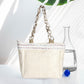 Madeline Love Beige Zigzag Chevron Patterned Celluloid Acetate Handle Straw Tote Bag - Bags & Wallets