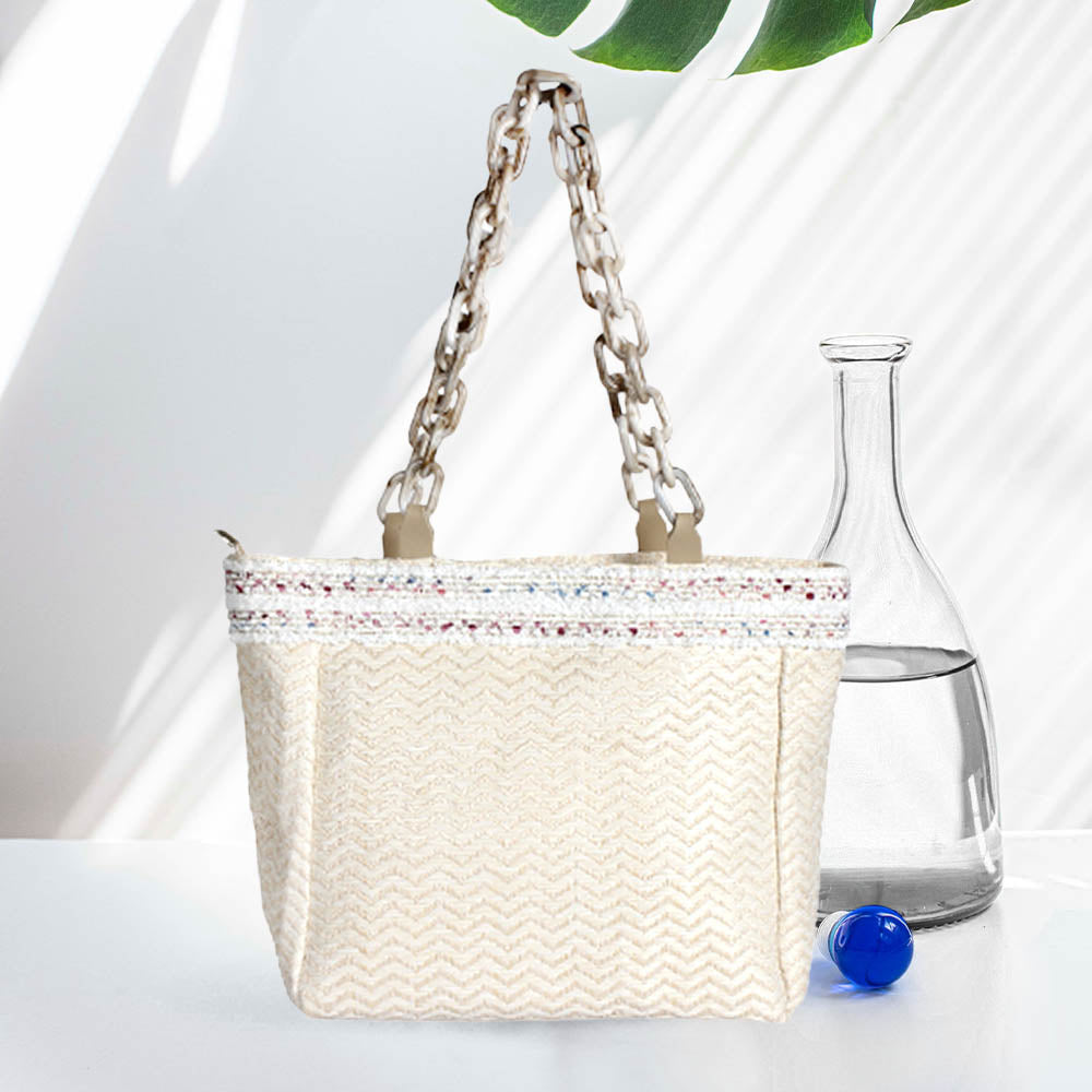 Madeline Love Beige Zigzag Chevron Patterned Celluloid Acetate Handle Straw Tote Bag - Bags & Wallets