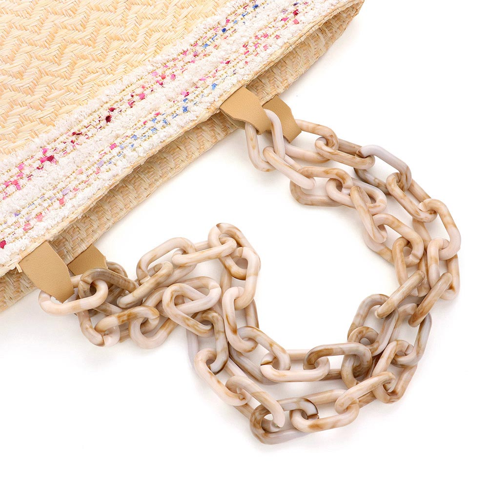 Madeline Love Beige Zigzag Chevron Patterned Celluloid Acetate Handle Straw Tote Bag - Bags & Wallets - extra