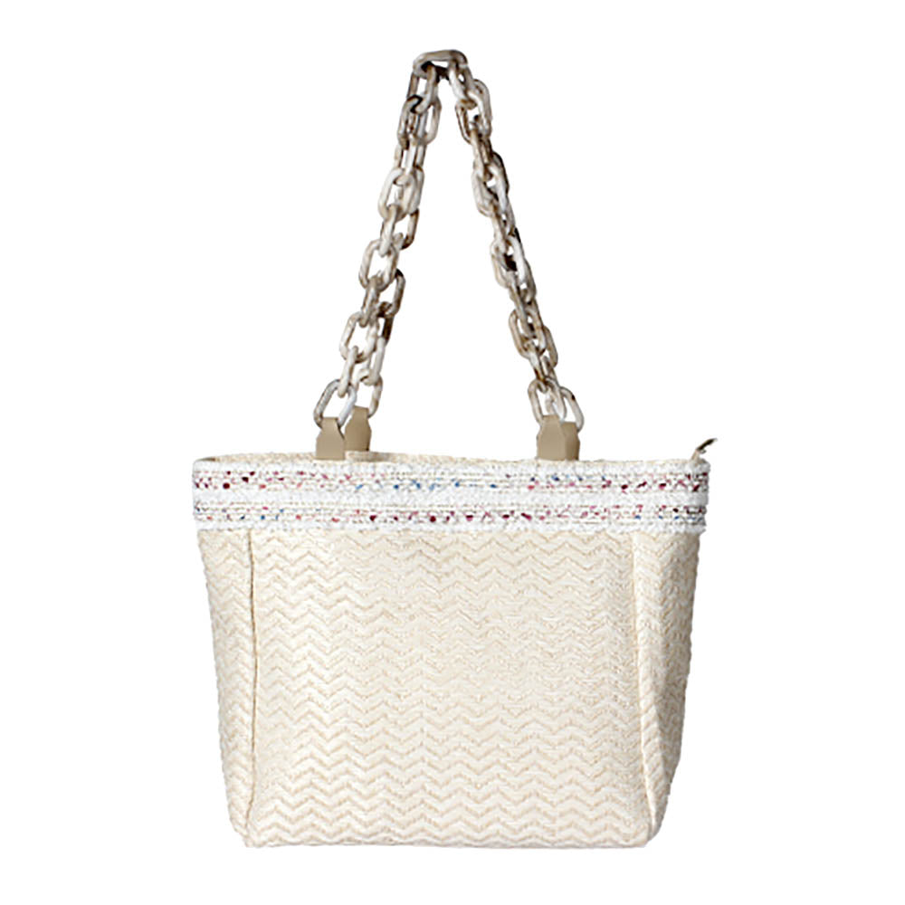 Madeline Love Beige Zigzag Chevron Patterned Celluloid Acetate Handle Straw Tote Bag - Bags & Wallets - extra