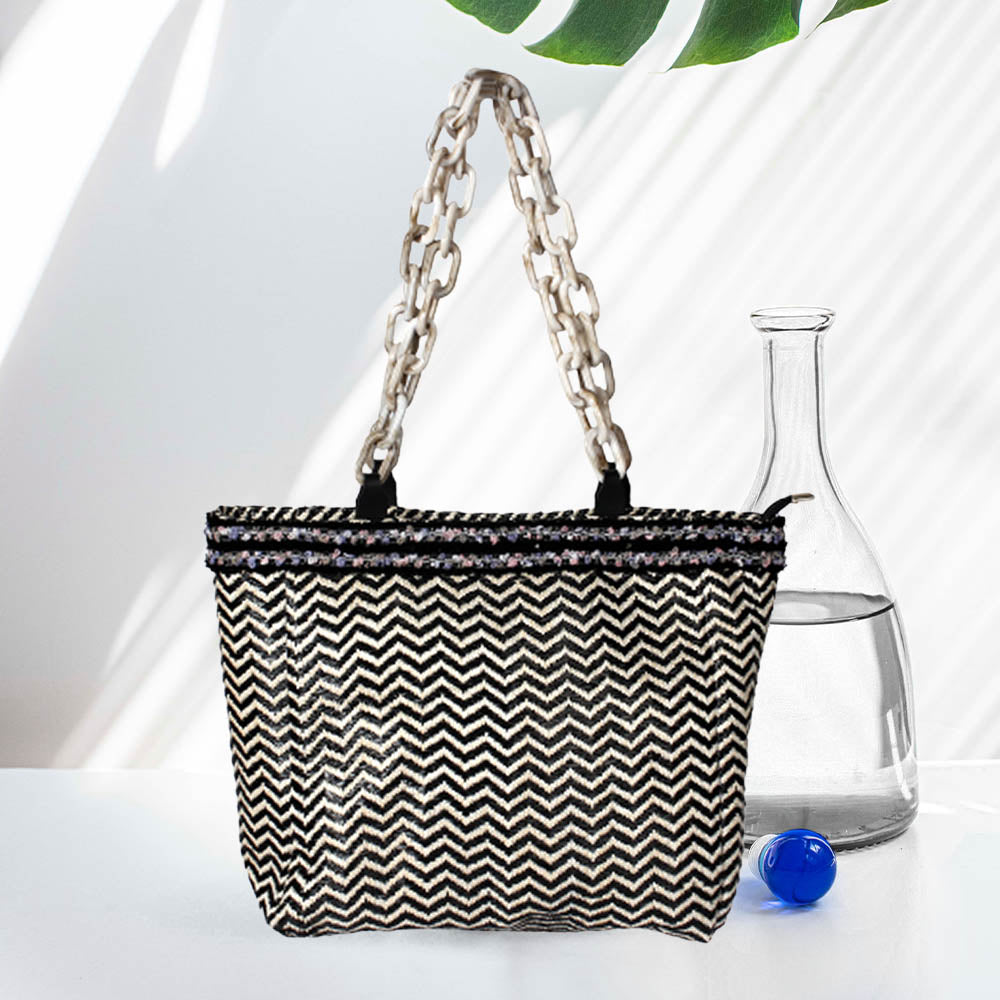 Madeline Love Black Zigzag Chevron Patterned Celluloid Acetate Handle Straw Tote Bag - Bags & Wallets