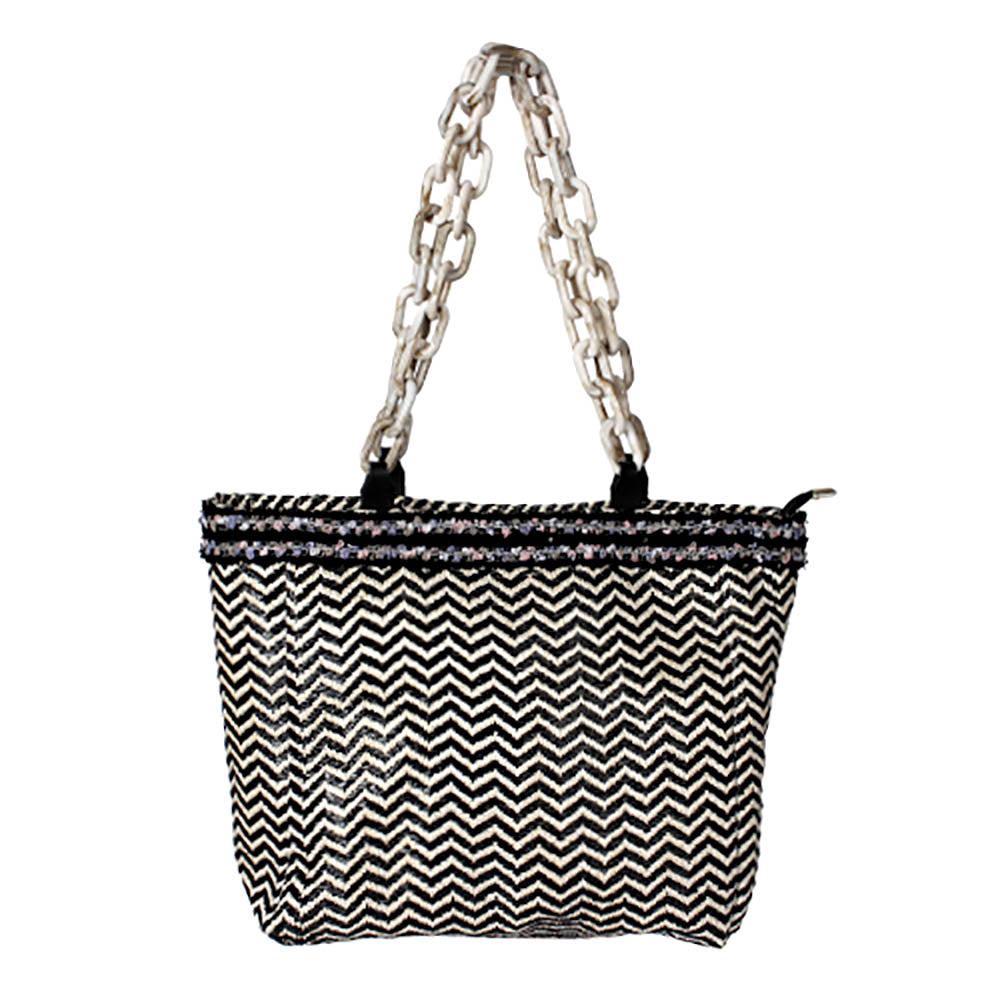 Madeline Love Black Zigzag Chevron Patterned Celluloid Acetate Handle Straw Tote Bag - Bags & Wallets - extra