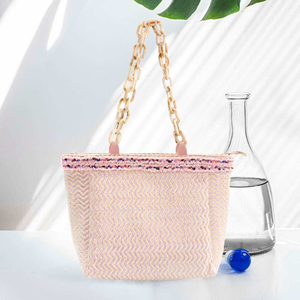 Madeline Love Pink Zigzag Chevron Patterned Celluloid Acetate Handle Straw Tote Bag - Bags & Wallets