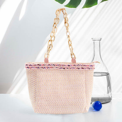 Madeline Love Pink Zigzag Chevron Patterned Celluloid Acetate Handle Straw Tote Bag - Bags & Wallets