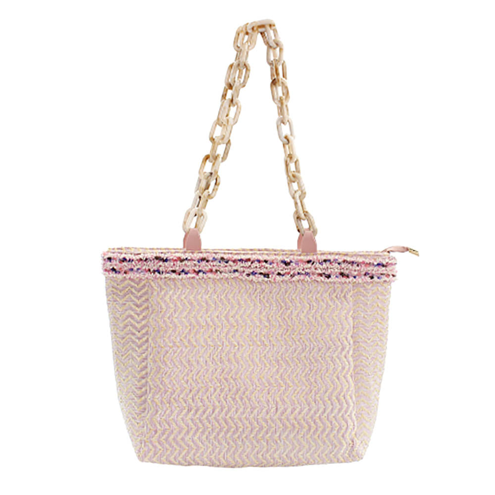 Madeline Love Pink Zigzag Chevron Patterned Celluloid Acetate Handle Straw Tote Bag - Bags & Wallets - extra