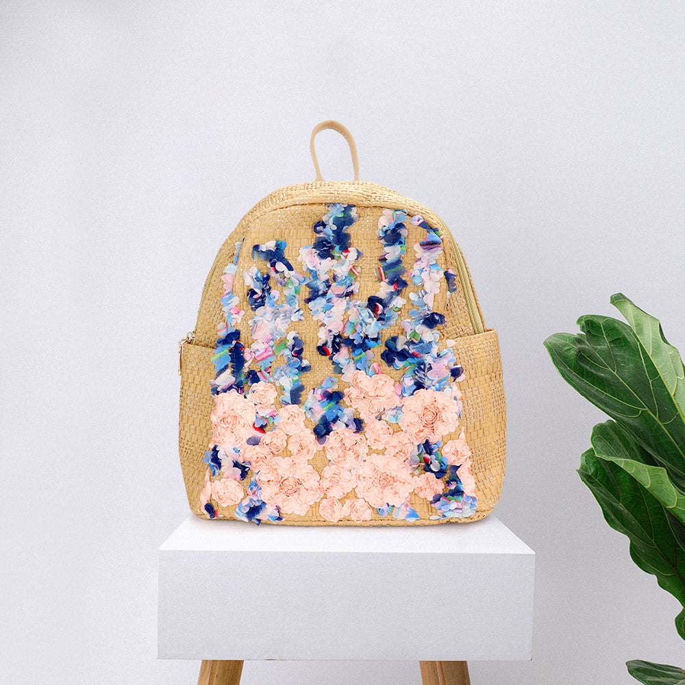 Madeline Love Neutral Fabric Flower Cluster Straw Backpack Bag - Bags & Wallets