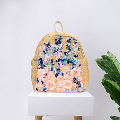 Madeline Love Neutral Fabric Flower Cluster Straw Backpack Bag - Bags & Wallets