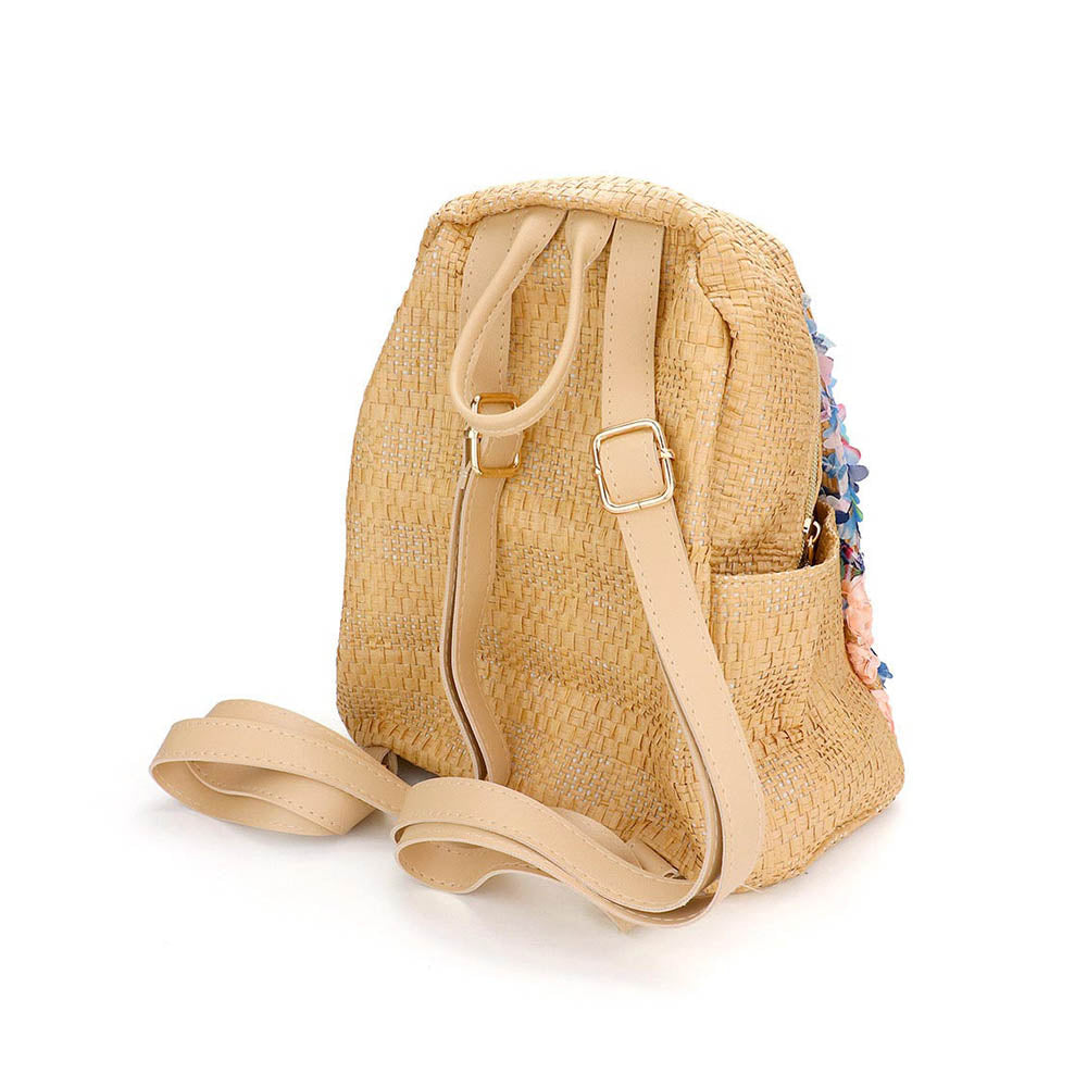 Madeline Love Neutral Fabric Flower Cluster Straw Backpack Bag - Bags & Wallets - extra