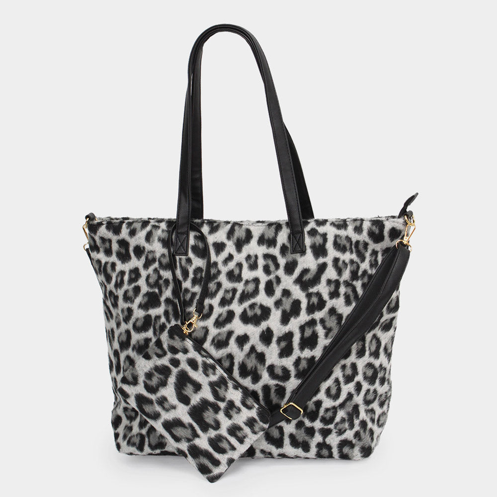 Madeline Love Gray Leopard Weekend Tote Bag With Pouch - Bags & Wallets - desc