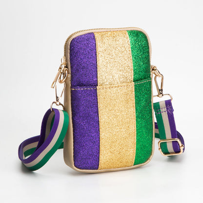 Gold Faux Leather Mardi Gras Sparkle Front Small Crossbody Bag