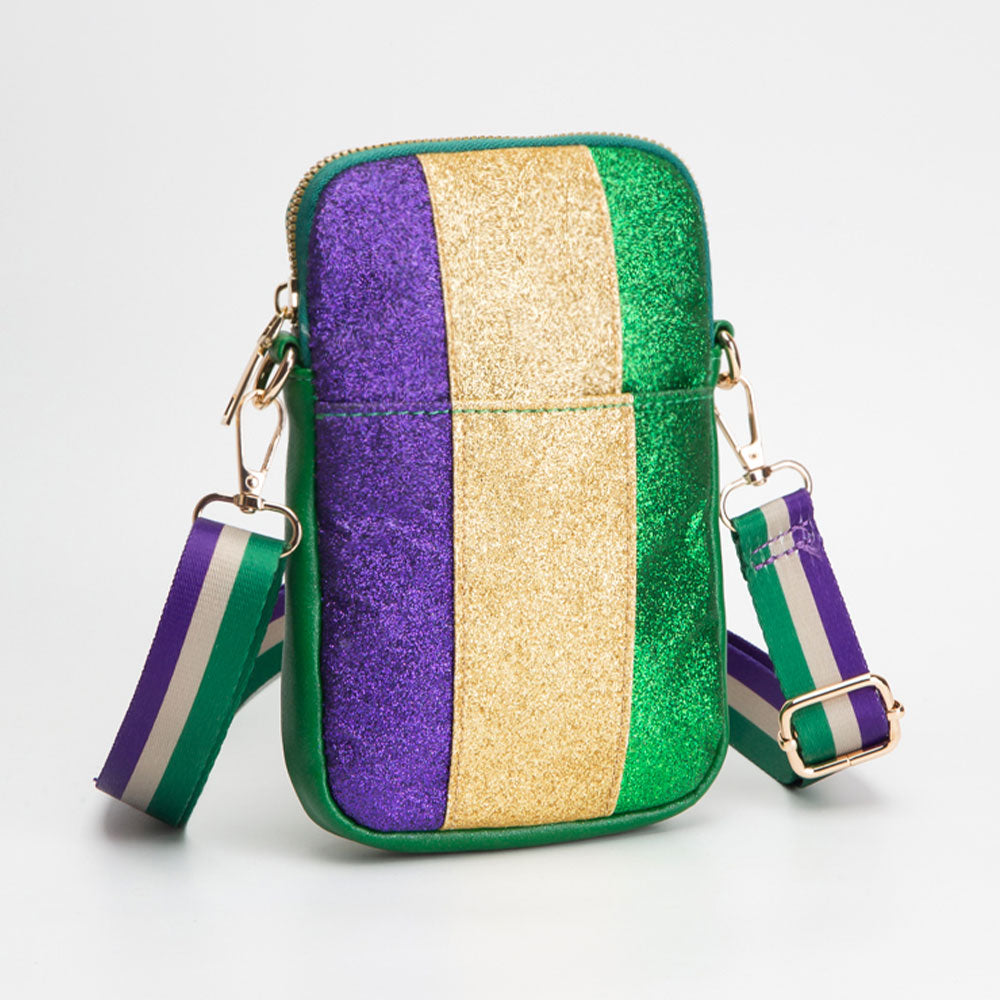 Green Faux Leather Mardi Gras Sparkle Front Small Crossbody Bag