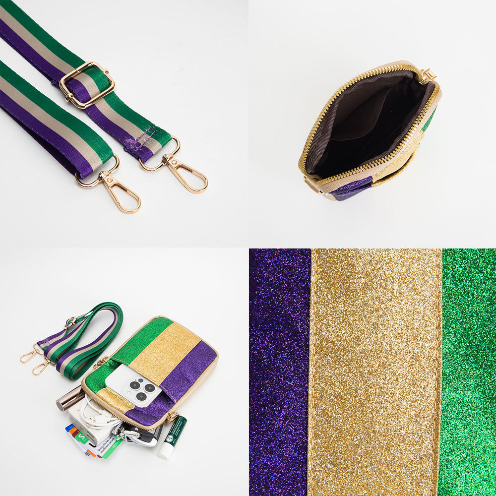 Green Faux Leather Mardi Gras Sparkle Front Small Crossbody Bag