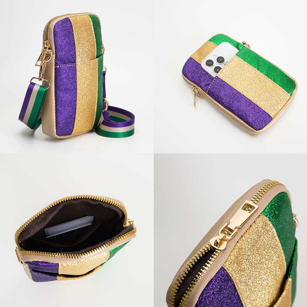 Purple Faux Leather Mardi Gras Sparkle Front Small Crossbody Bag