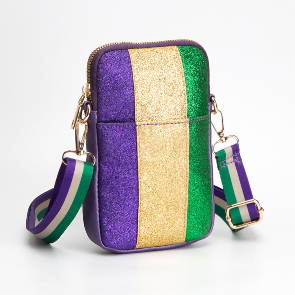 Purple Faux Leather Mardi Gras Sparkle Front Small Crossbody Bag