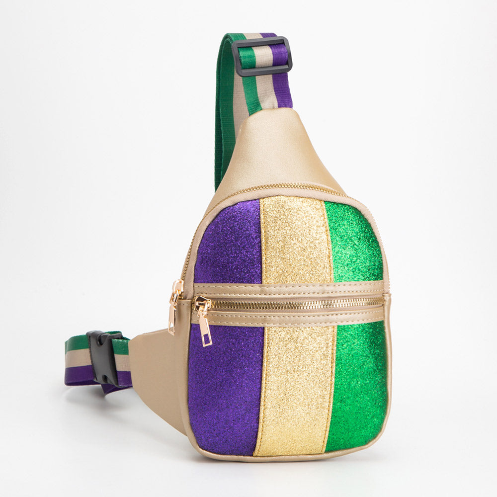 Gold Faux Leather Mardi Gras Sparkle Front Sling Bag