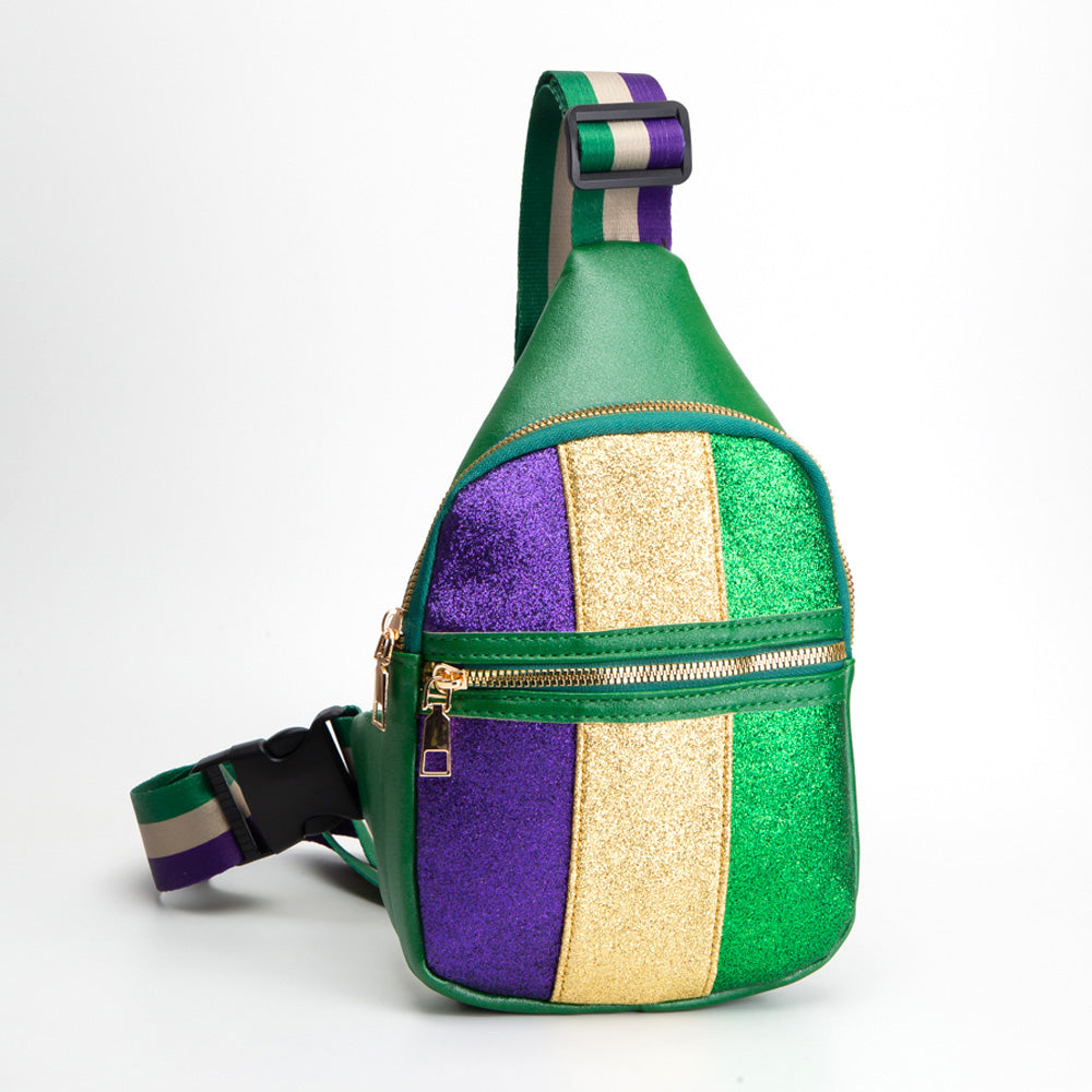 Green Faux Leather Mardi Gras Sparkle Front Sling Bag
