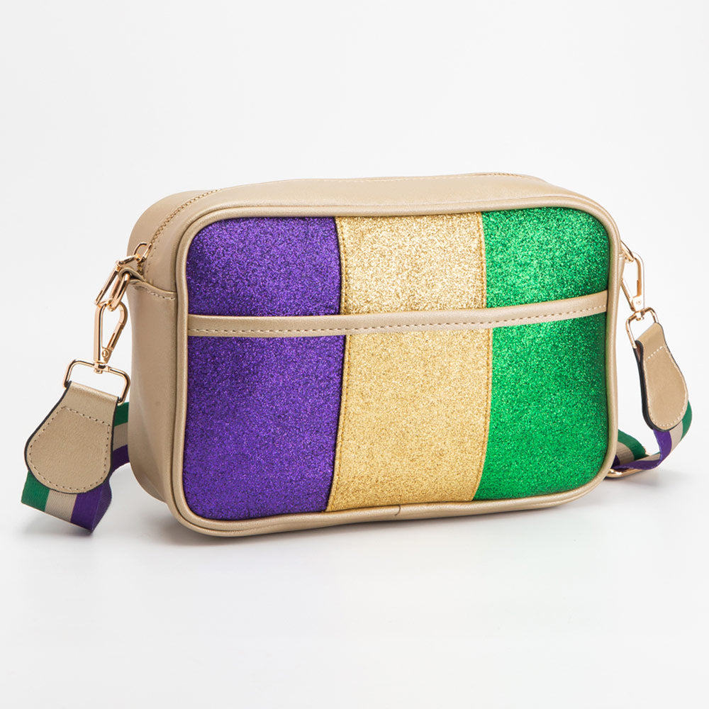 Gold Faux Leather Mardi Gras Sparkle Front Rectangle Crossbody Bag