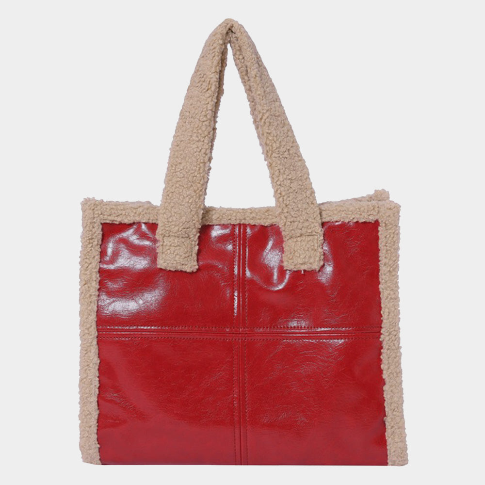 Madeline Love Red Fleece Trim Faux Leather Tote Bag / Crossbody Bag - Bags & Wallets