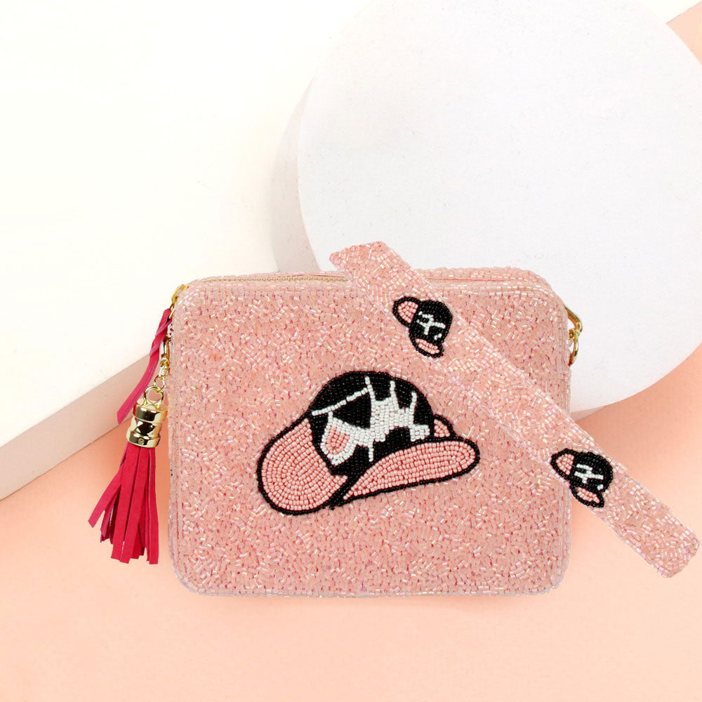 Madeline Love Pink Seed Beaded Cowboy Hat Accented Rectangle Tassel Crossbody Bag - Bags & Wallets