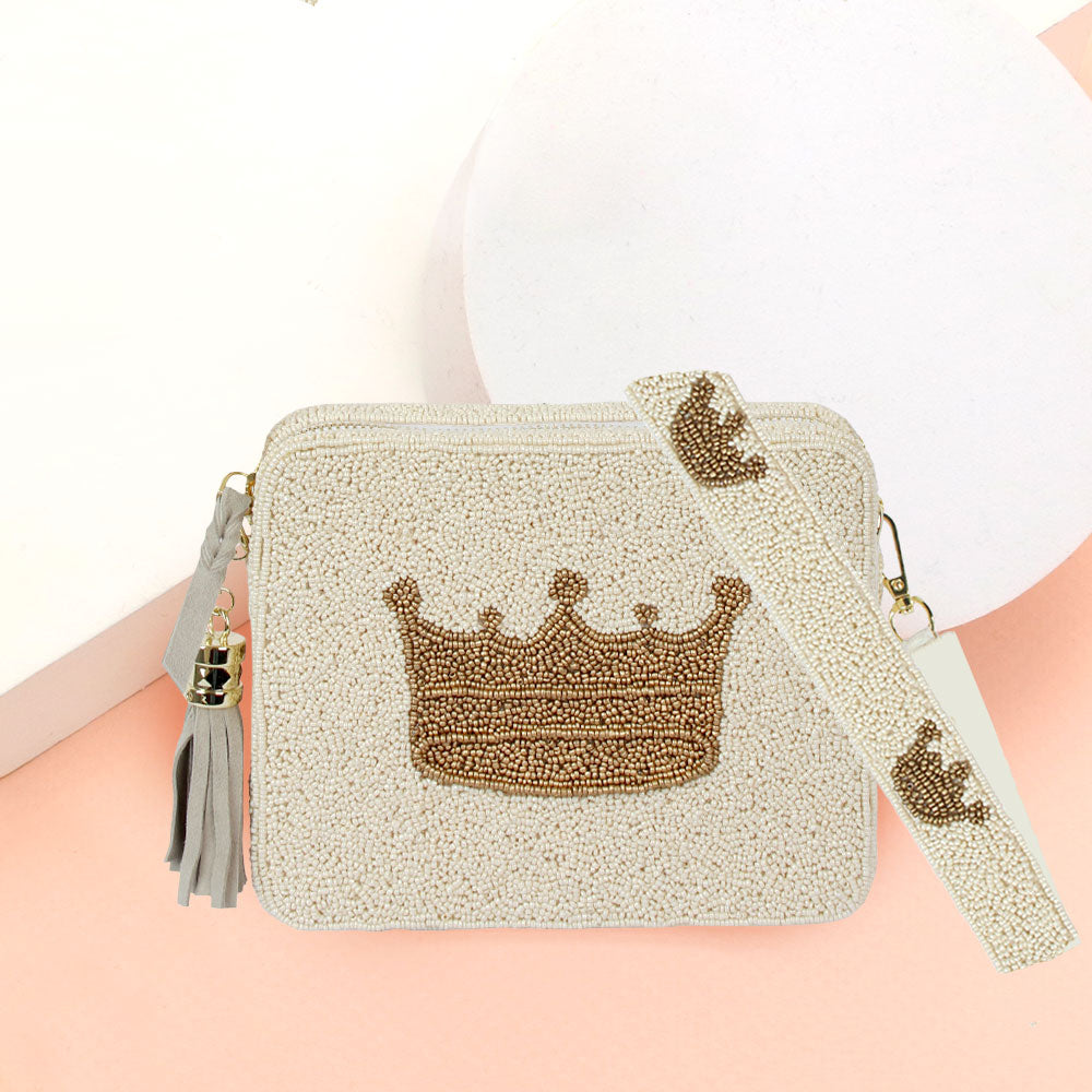 Madeline Love White Seed Beaded Crown Accented Rectangle Tassel Crossbody Bag - Bags & Wallets