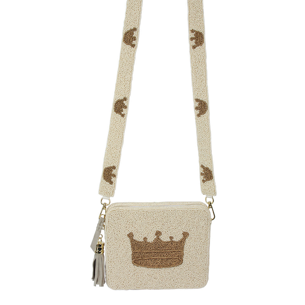 Madeline Love White Seed Beaded Crown Accented Rectangle Tassel Crossbody Bag - Bags & Wallets - desc