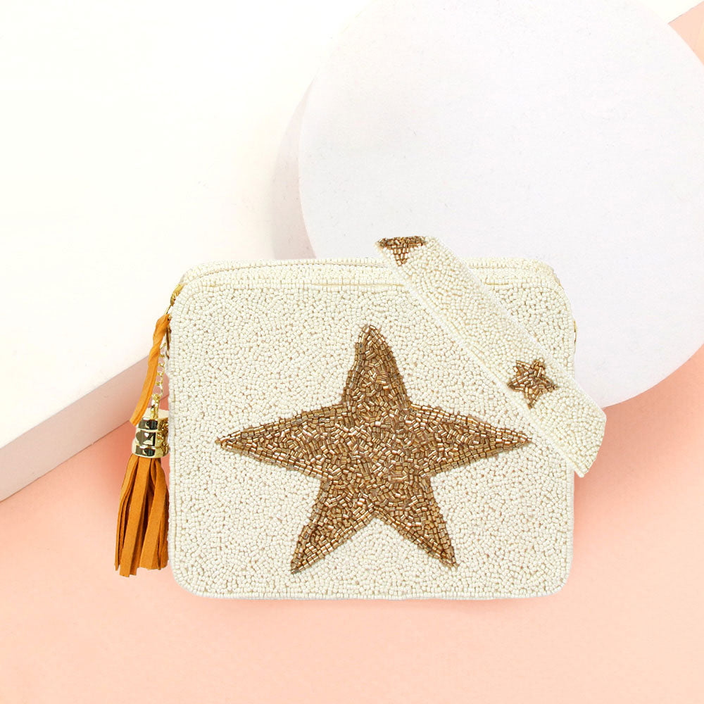 Madeline Love Ivory Seed Beaded Star Accented Rectangle Tassel Crossbody Bag - Bags & Wallets