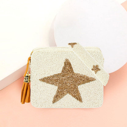Madeline Love Ivory Seed Beaded Star Accented Rectangle Tassel Crossbody Bag - Bags & Wallets