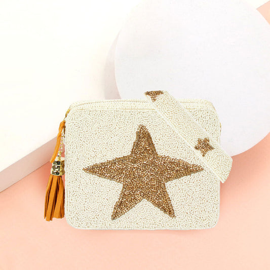 Madeline Love Ivory Seed Beaded Star Accented Rectangle Tassel Crossbody Bag - Bags & Wallets