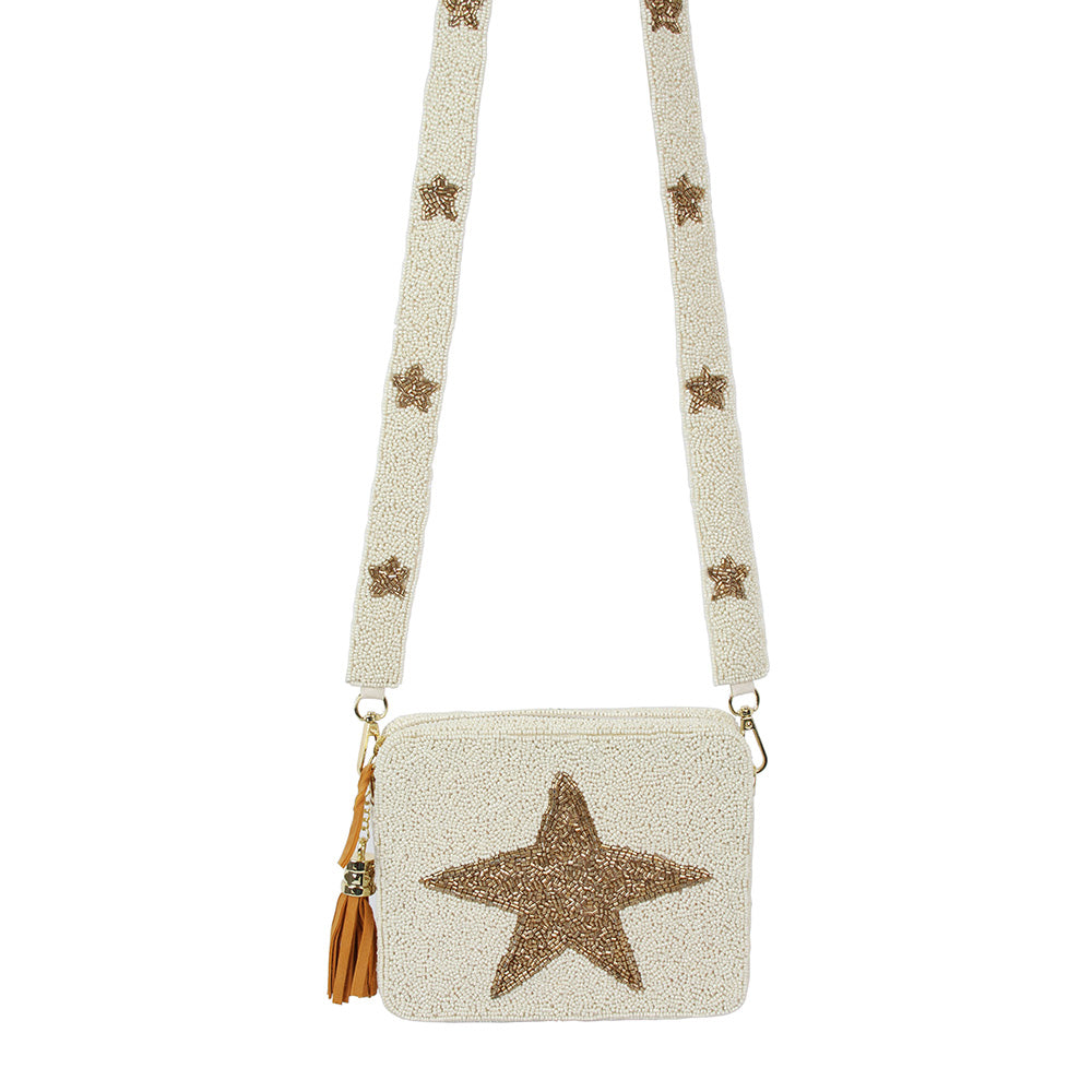 Madeline Love Ivory Seed Beaded Star Accented Rectangle Tassel Crossbody Bag - Bags & Wallets - desc
